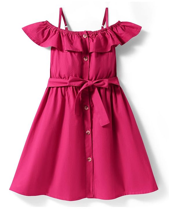 Pine Kids Poplin Woven Cold Shoulder Sleeves Solid Color Front Open Dress with Frill Detailing - Dark Pink