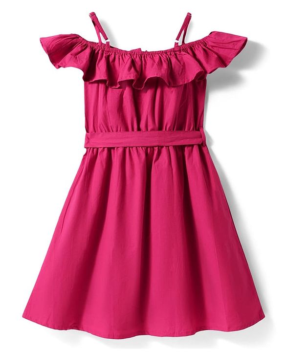 Pine Kids Poplin Woven Cold Shoulder Sleeves Solid Color Front Open Dress with Frill Detailing - Dark Pink
