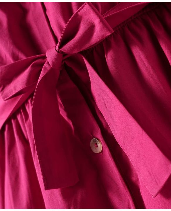 Pine Kids Poplin Woven Cold Shoulder Sleeves Solid Color Front Open Dress with Frill Detailing - Dark Pink