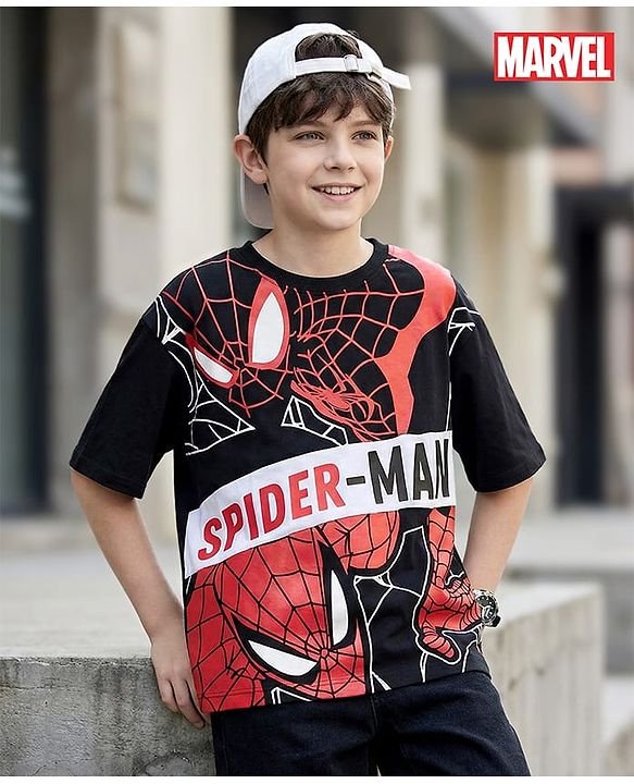 Pine Kids Marvel Terry Knit Half Sleeves Oversize And Drop Shoulder T-Shirt With Spider-Man Graphics - Black