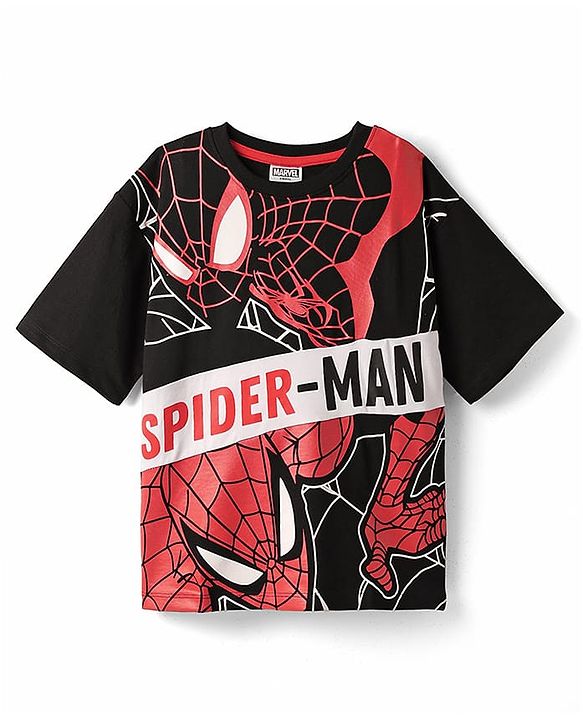 Pine Kids Marvel Terry Knit Half Sleeves Oversize And Drop Shoulder T-Shirt With Spider-Man Graphics - Black