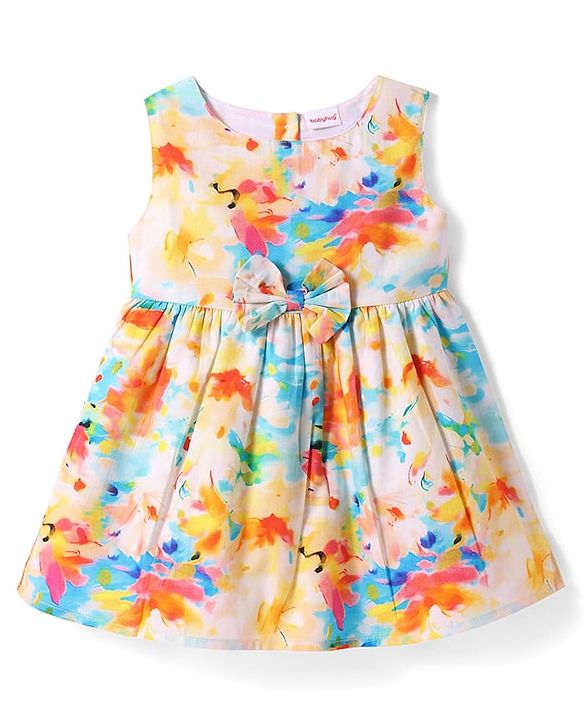 Babyhug Cotton Knit Sleeveless Frock With Floral Print & Bow Applique - Multicolor