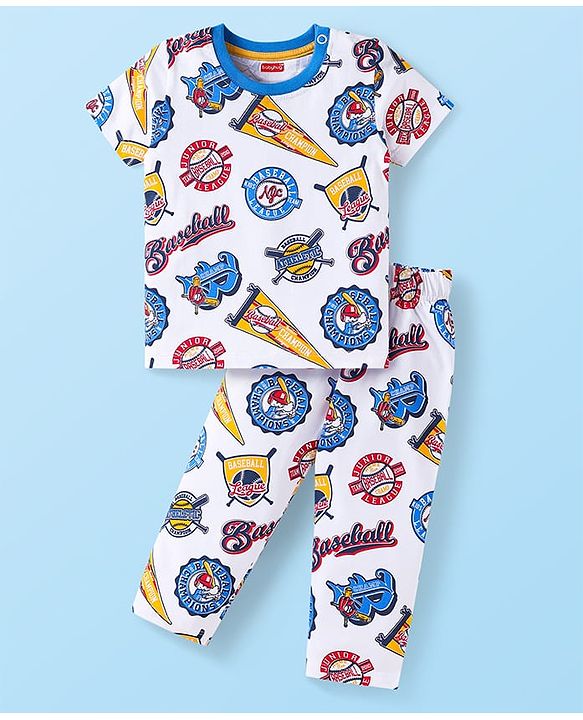 Babyhug Cotton Knit Half Sleeves Night Suit with Sports Theme Print - White