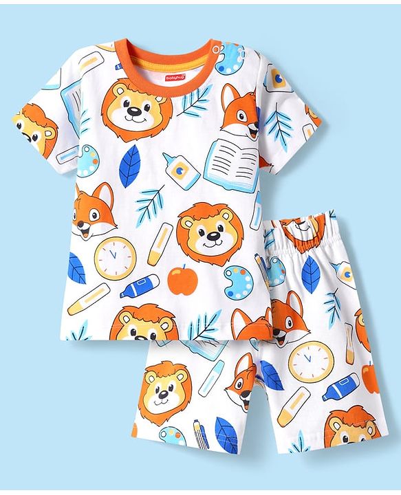 Babyhug Cotton Knit Half Sleeves Shorts Co-ords Night Suit With Animal Print - White & Blue