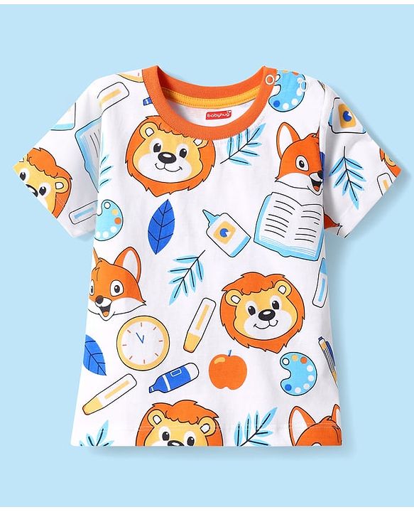 Babyhug Cotton Knit Half Sleeves Shorts Co-ords Night Suit With Animal Print - White & Blue