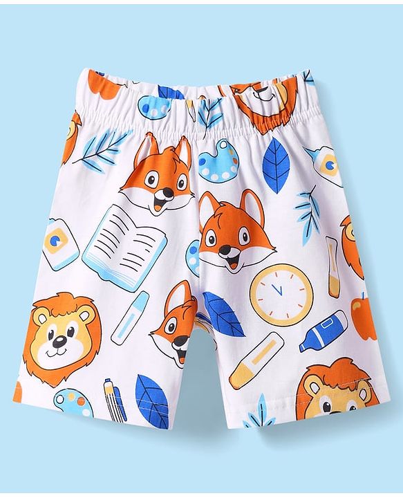 Babyhug Cotton Knit Half Sleeves Shorts Co-ords Night Suit With Animal Print - White & Blue