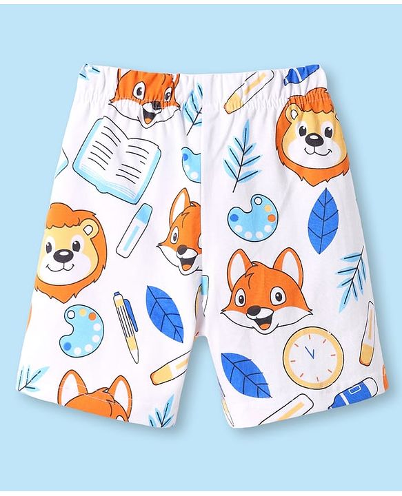 Babyhug Cotton Knit Half Sleeves Shorts Co-ords Night Suit With Animal Print - White & Blue