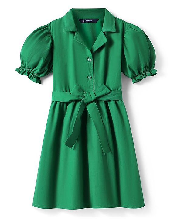 Pine Kids Poplin Woven Puffed Sleeves Solid Color Collared Frock - Dark Green