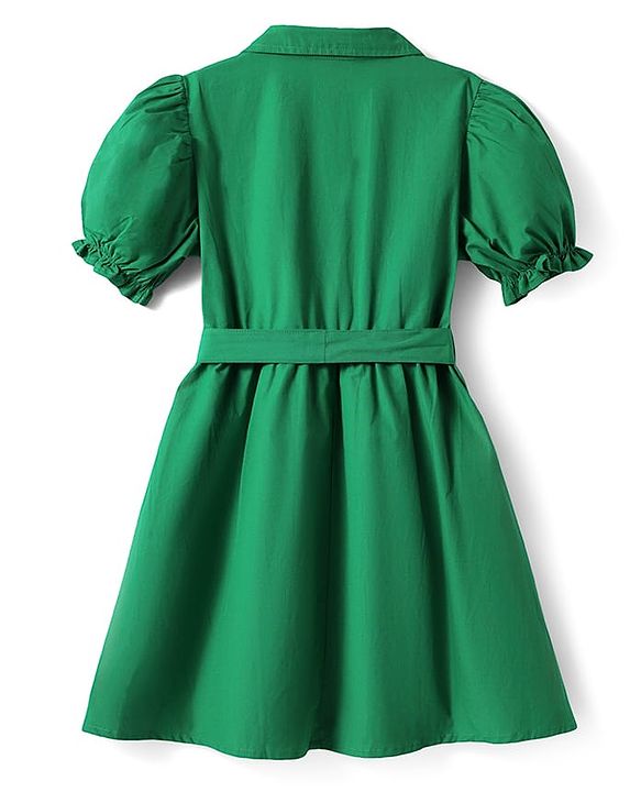 Pine Kids Poplin Woven Puffed Sleeves Solid Color Collared Frock - Dark Green