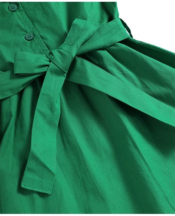 Pine Kids Poplin Woven Puffed Sleeves Solid Color Collared Frock - Dark Green