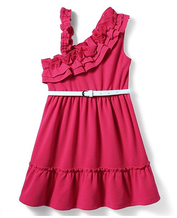 Pine Kids Woven Sleeveless Solid Frock With Belt - Dark Pink