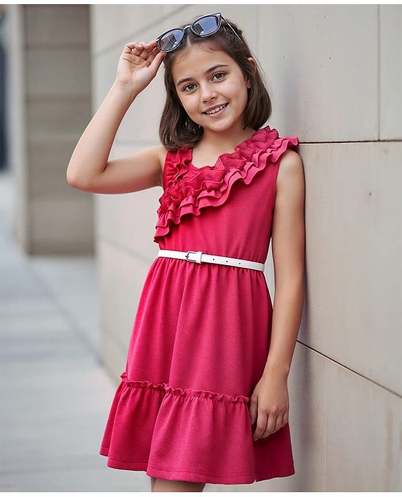 Pine Kids Woven Sleeveless Solid Frock With Belt - Dark Pink