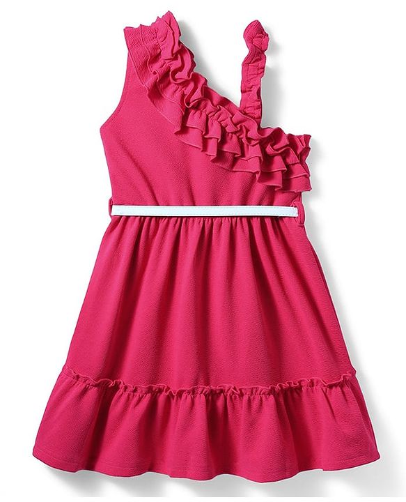 Pine Kids Woven Sleeveless Solid Frock With Belt - Dark Pink