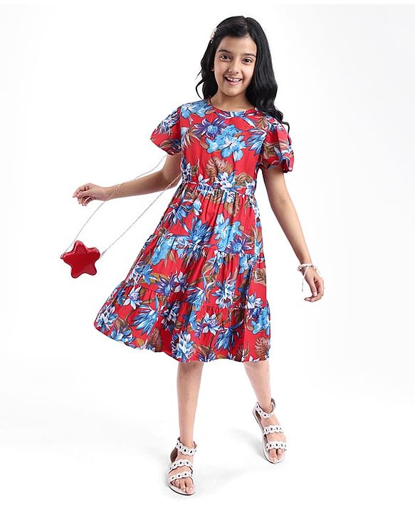 Pine Kids Poplin Woven Half Sleeves Frock with Floral Print - Red