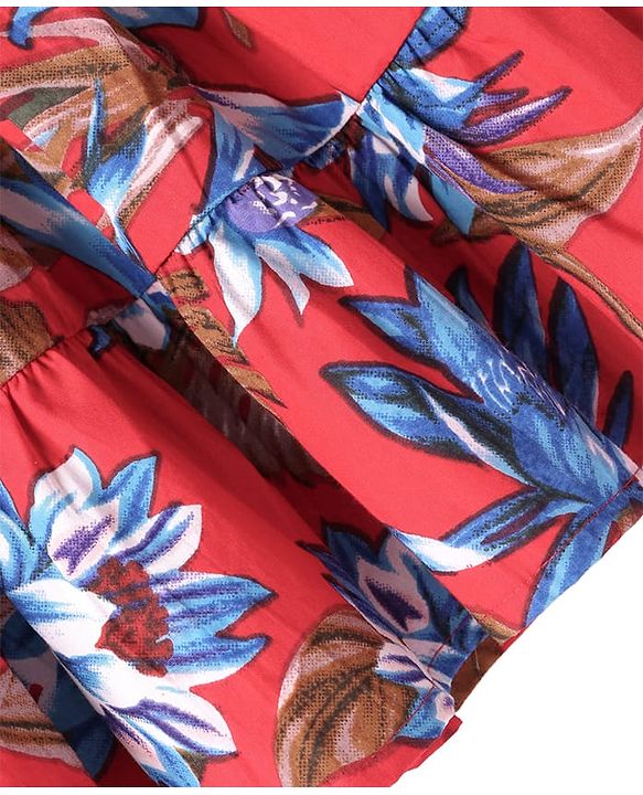 Pine Kids Poplin Woven Half Sleeves Frock with Floral Print - Red