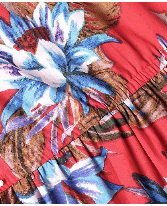 Pine Kids Poplin Woven Half Sleeves Frock with Floral Print - Red