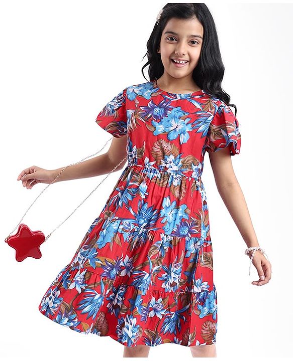 Pine Kids Poplin Woven Half Sleeves Frock with Floral Print - Red
