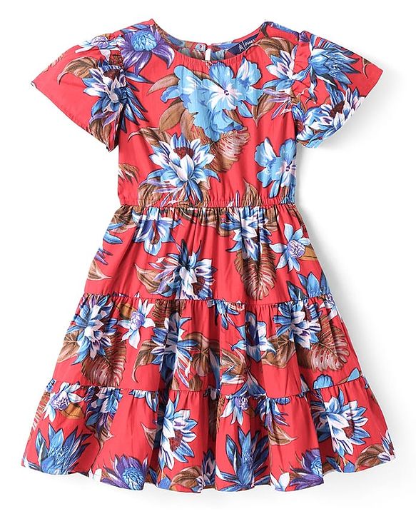 Pine Kids Poplin Woven Half Sleeves Frock with Floral Print - Red