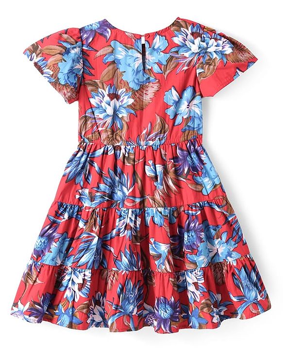 Pine Kids Poplin Woven Half Sleeves Frock with Floral Print - Red