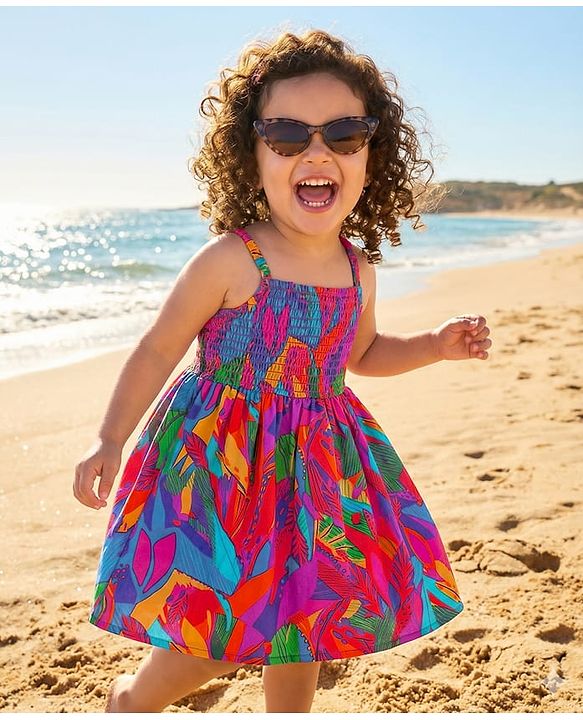 Babyhug Cotton Knit Sleeveless Frock With Leaf Print & Smocked Detailing - Multicolor