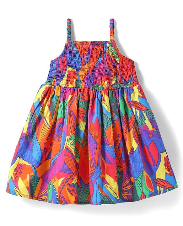 Babyhug Cotton Knit Sleeveless Frock With Leaf Print & Smocked Detailing - Multicolor