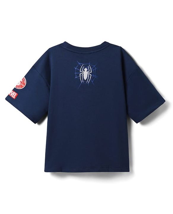 Pine Kids Marvel Terry Knit Half Sleeves Oversized Drop Shoulder T-Shirt With Spider-Man Graphics And Badge Detailing - Navy Blue