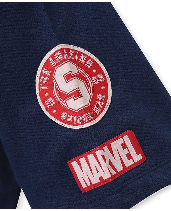 Pine Kids Marvel Terry Knit Half Sleeves Oversized Drop Shoulder T-Shirt With Spider-Man Graphics And Badge Detailing - Navy Blue