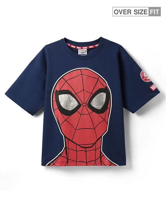 Pine Kids Marvel Terry Knit Half Sleeves Oversized Drop Shoulder T-Shirt With Spider-Man Graphics And Badge Detailing - Navy Blue