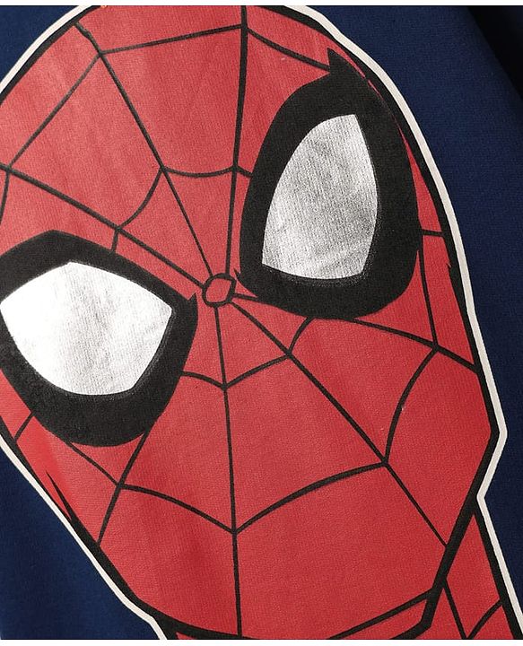 Pine Kids Marvel Terry Knit Half Sleeves Oversized Drop Shoulder T-Shirt With Spider-Man Graphics And Badge Detailing - Navy Blue