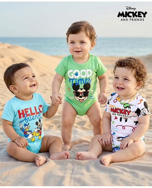 Babyhug Disney Interlock Knit Half Sleeves Onesies With Mickey Mouse Graphics Pack Of 3 - Light Blue Light Green & White
