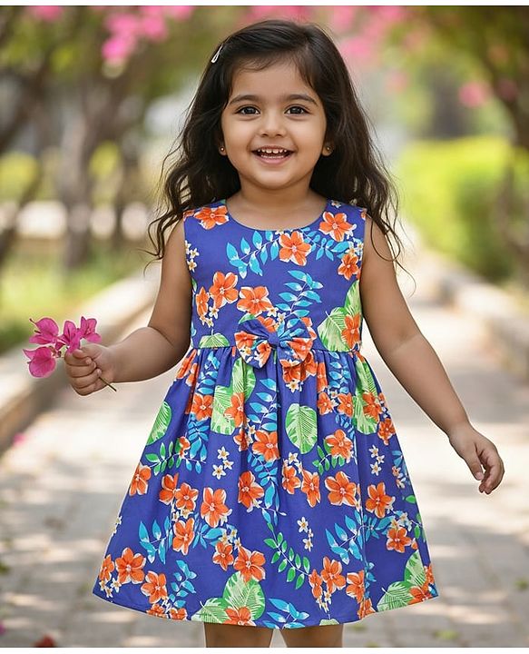 Babyhug Cotton Knit Sleeveless Frock With Bow Applique & Floral Print - Blue