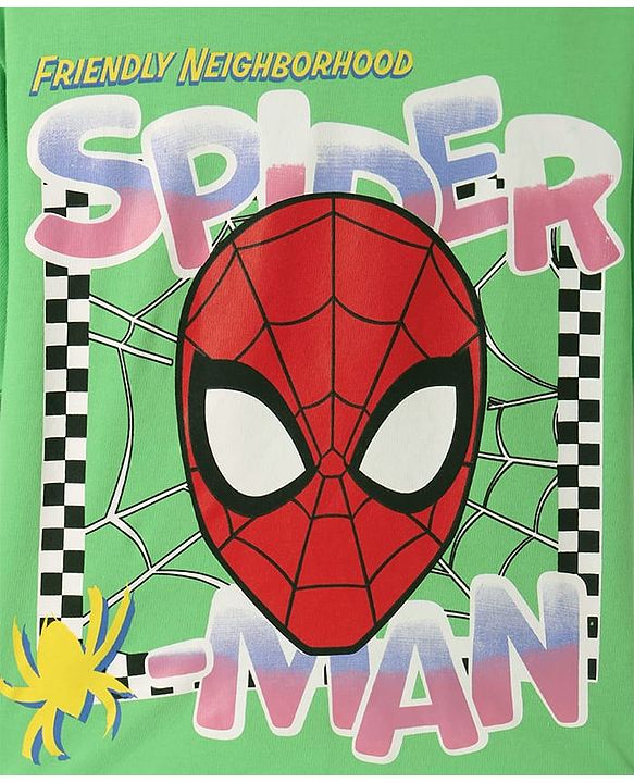 Pine Kids Marvel Terry Knit Half Drop Shoulder Sleeves Oversized T-Shirt with Spider Man Graphics - Green