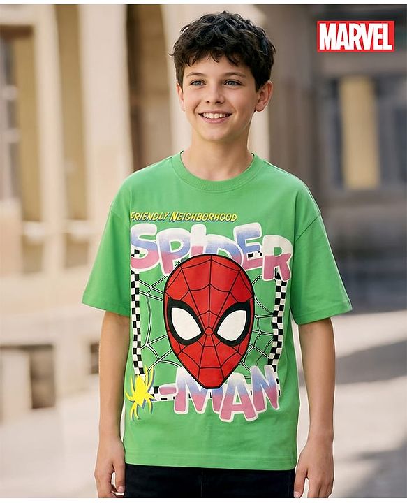 Pine Kids Marvel Terry Knit Half Drop Shoulder Sleeves Oversized T-Shirt with Spider Man Graphics - Green