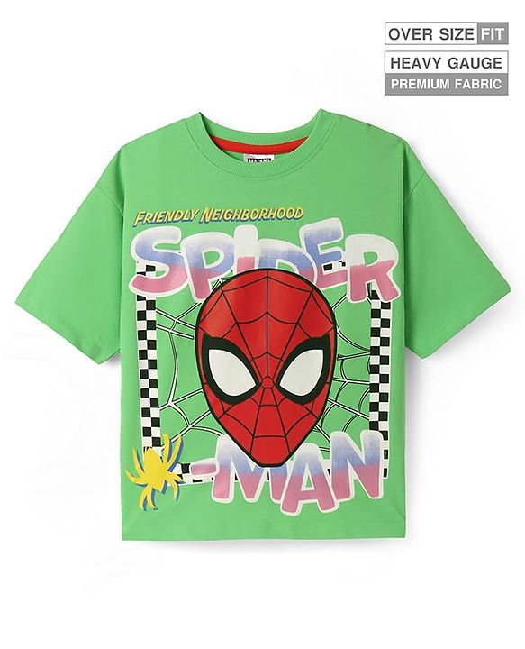Pine Kids Marvel Terry Knit Half Drop Shoulder Sleeves Oversized T-Shirt with Spider Man Graphics - Green