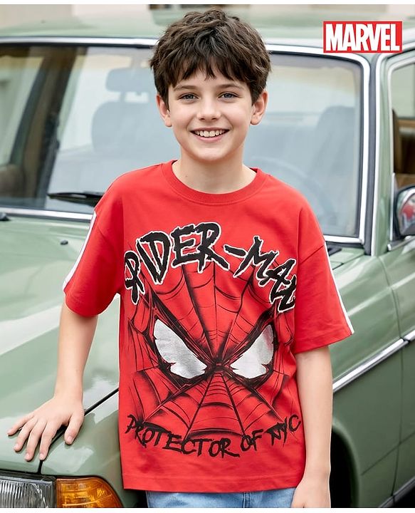 Pine Kids Marvel Terry Knit Half Drop Shoulder Sleeves Oversized T-Shirt with Spider Man Graphics - Red