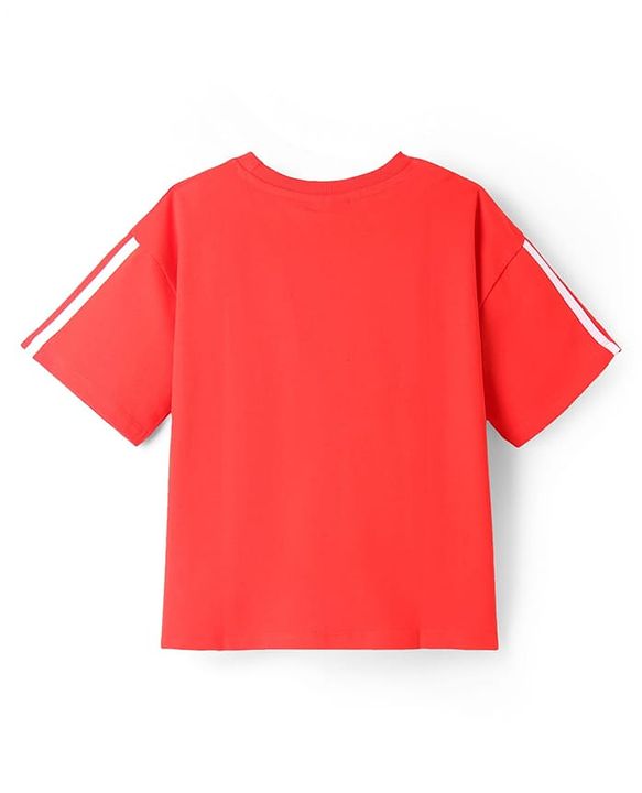 Pine Kids Marvel Terry Knit Half Drop Shoulder Sleeves Oversized T-Shirt with Spider Man Graphics - Red