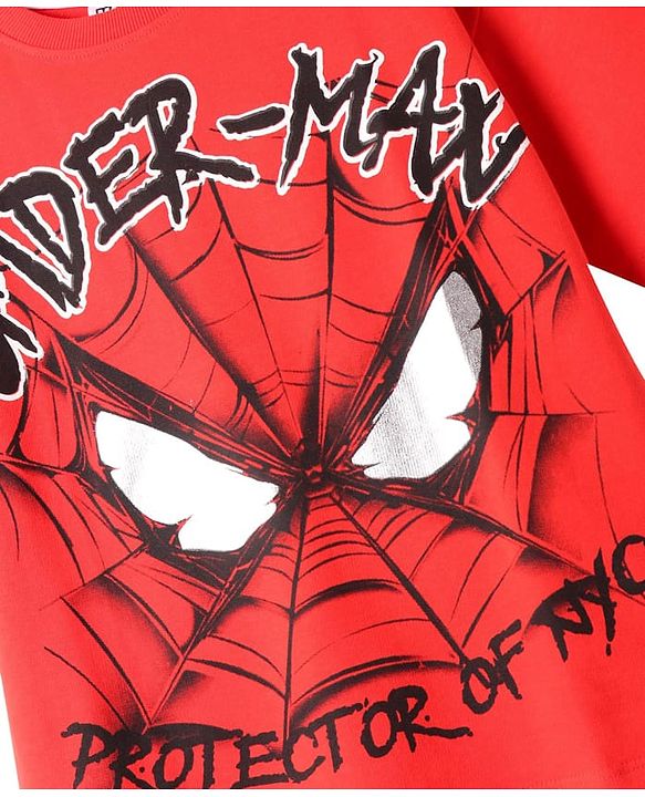 Pine Kids Marvel Terry Knit Half Drop Shoulder Sleeves Oversized T-Shirt with Spider Man Graphics - Red