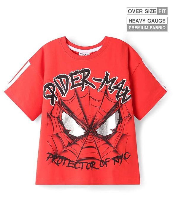 Pine Kids Marvel Terry Knit Half Drop Shoulder Sleeves Oversized T-Shirt with Spider Man Graphics - Red
