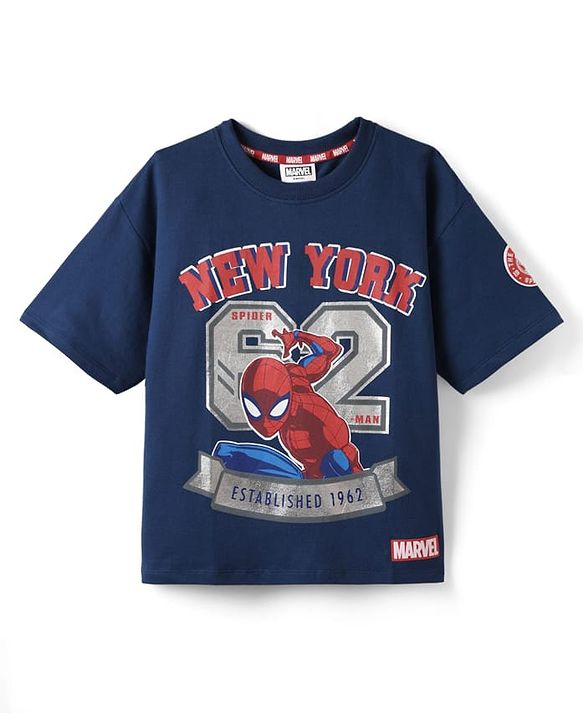 Pine Kids Marvel Terry Knit Half Sleeves Oversized and Drop Shoulder T-Shirt With Spider-Man Graphics And Foil Detailing - Navy Blue