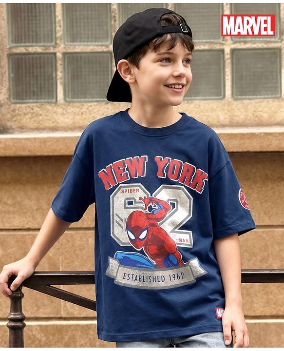 Pine Kids Marvel Terry Knit Half Sleeves Oversized and Drop Shoulder T-Shirt With Spider-Man Graphics And Foil Detailing - Navy Blue