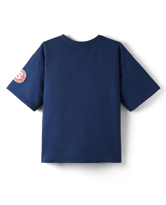 Pine Kids Marvel Terry Knit Half Sleeves Oversized and Drop Shoulder T-Shirt With Spider-Man Graphics And Foil Detailing - Navy Blue