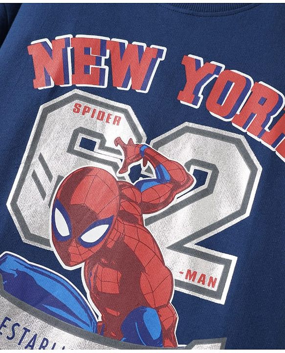Pine Kids Marvel Terry Knit Half Sleeves Oversized and Drop Shoulder T-Shirt With Spider-Man Graphics And Foil Detailing - Navy Blue
