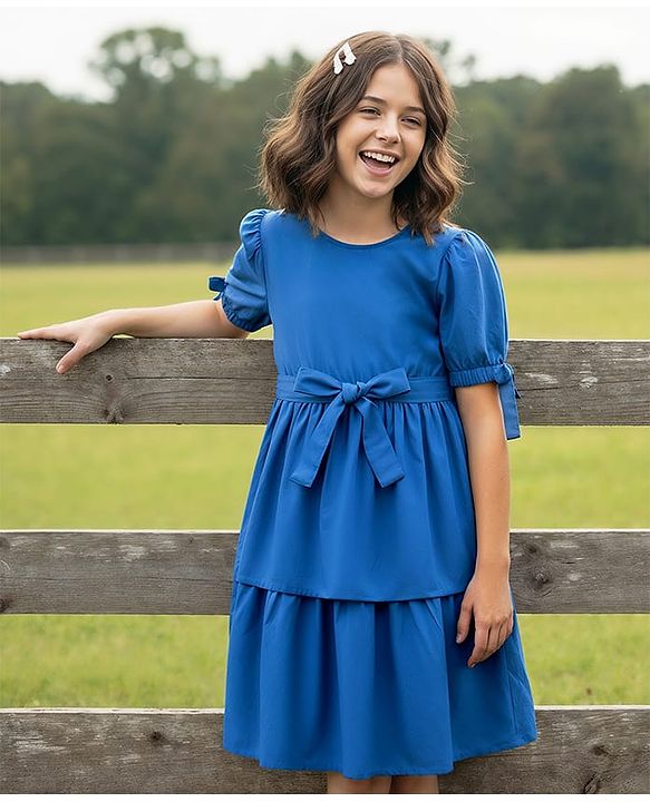 Pine Kids Poplin Woven Half Puffed Sleeves Solid Color Layered Frock with Fabric Belt - Blue