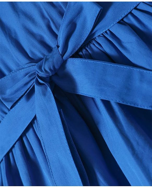 Pine Kids Poplin Woven Half Puffed Sleeves Solid Color Layered Frock with Fabric Belt - Blue