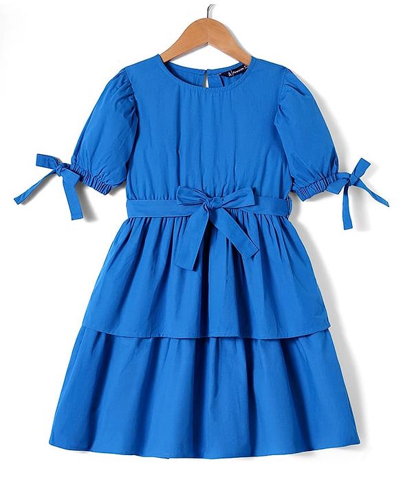 Pine Kids Poplin Woven Half Puffed Sleeves Solid Color Layered Frock with Fabric Belt - Blue