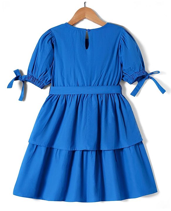 Pine Kids Poplin Woven Half Puffed Sleeves Solid Color Layered Frock with Fabric Belt - Blue