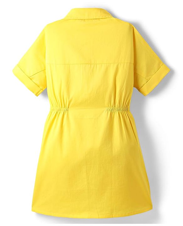 Pine Kids Cotton Woven Half Sleeves Solid Shirt Style Frock - Golden