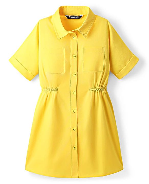 Pine Kids Cotton Woven Half Sleeves Solid Shirt Style Frock - Golden