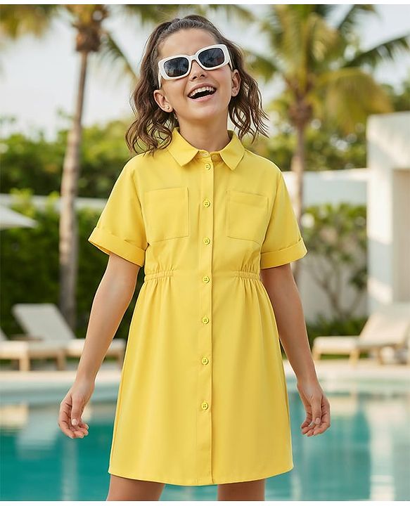 Pine Kids Cotton Woven Half Sleeves Solid Shirt Style Frock - Golden