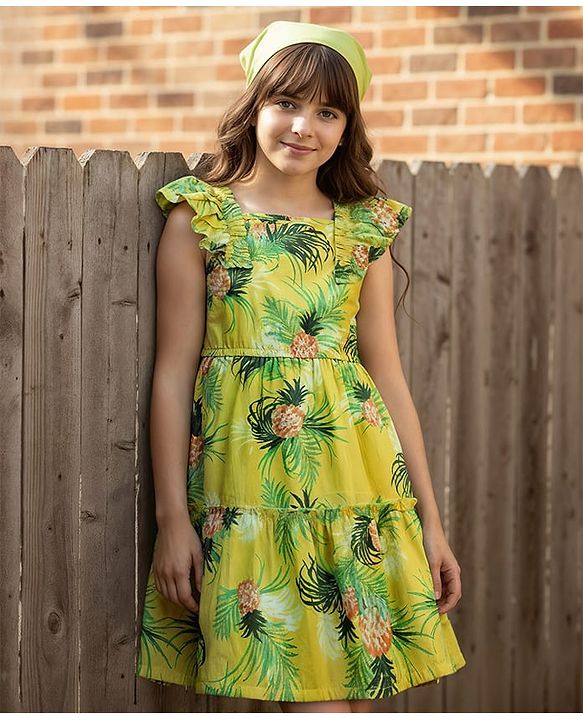 Pine Kids Cotton Woven Frill Sleeves Frock with Tropical Print - Limegreen